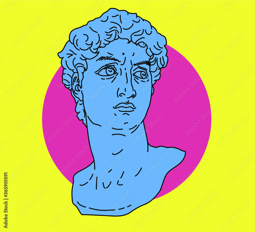 Cyberpunk and Vaporwave style line art illustration of Michelangelo's David head sculpture. Trendy fashion print for t-shirt, poster or cover.