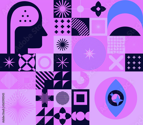 Abstract minimal composition of geometric bold simple shapes and flat illustration of head and eye. Concept of human psychology and mental health.