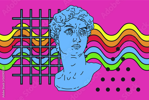 Hippie psychedelic 70s style art collage with rainbow and gypsum sculpture. Surreal trendy Zine culture style vector illustration.