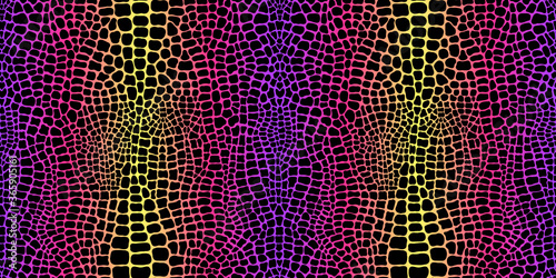 Seamless pattern with colorful crocodile or alligator print. Pink, yellow and purple gradient snake skin texture imitation wallpaper. Animalistic leather vector background.	