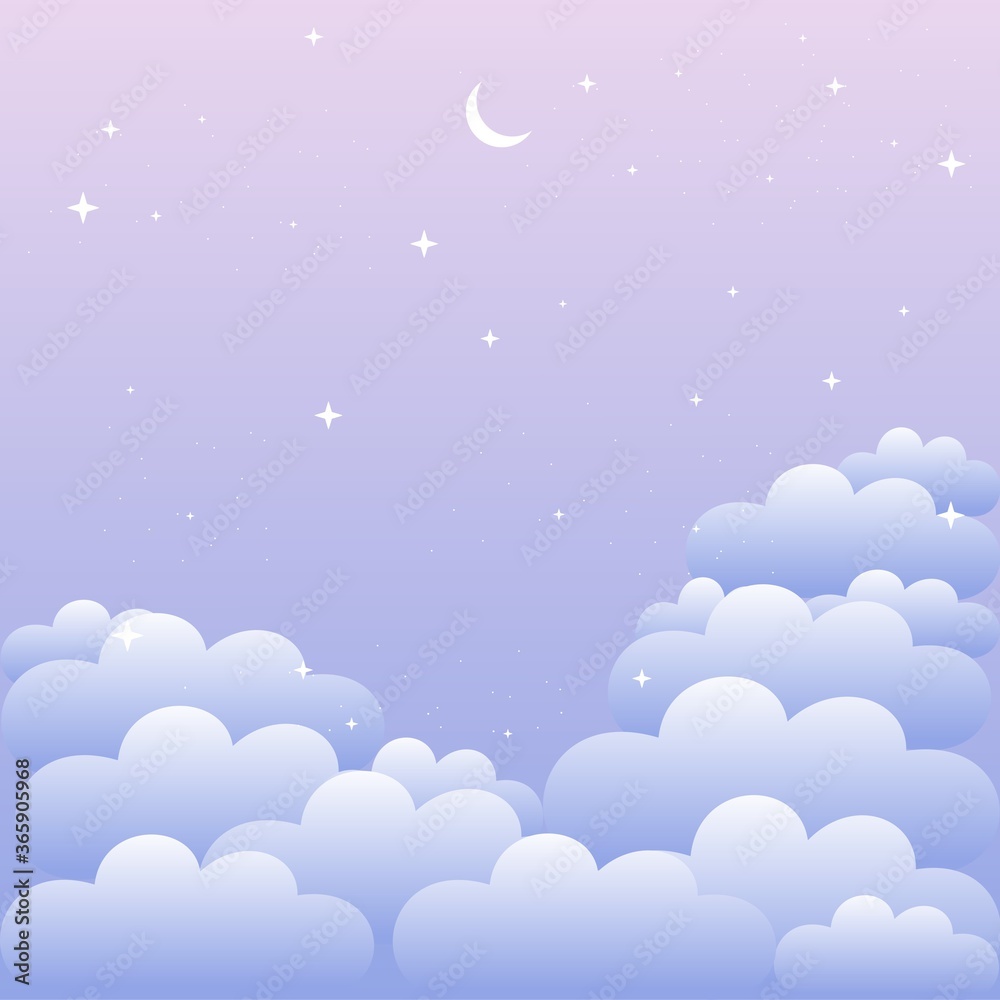 Sky and clouds background. Stylish design with a flat poster, flyers, postcards, web banners. Vector illustration. Pastel background with the clouds, stars and moon. White clouds set on the purple sky