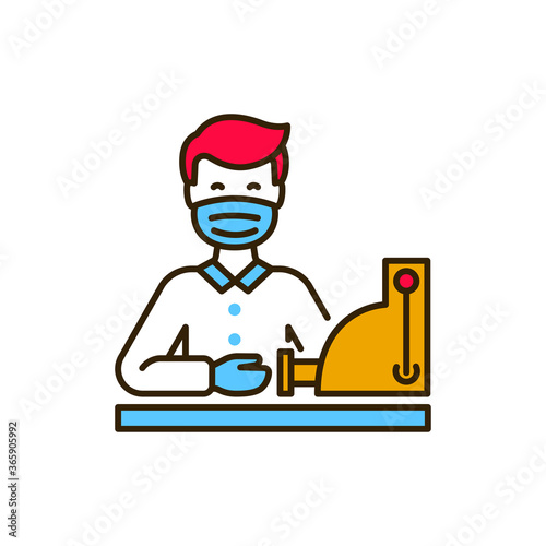 Masked cashier in shop color line icon. Safe travel. Pictogram for web, mobile app, promo. UI UX design element.