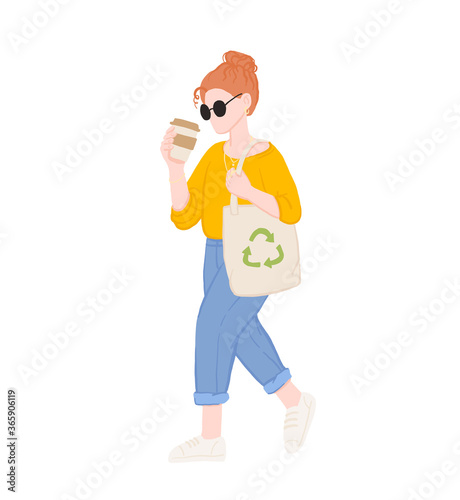 Zero waste life style. Cartoon woman with natural eco products in linen bag and a string bag, shopping with zero pollution, concept healthy lifestyle isolated on white background
