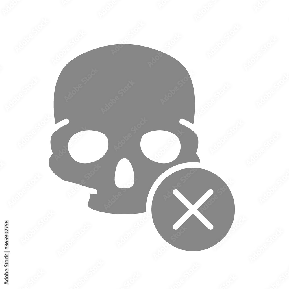 Skull with cross checkmark grey icon. Bone structure of the head, cranium symbol Skull with cross checkmark grey icon. Bone structure of the head, cranium symbol