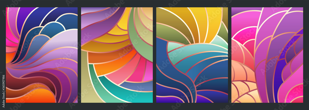 Stained Glass Style Background, Colorful Mosaic Patterns, Wavy Shapes, Gradients and Bright Colors