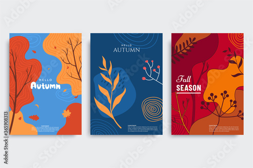 Autumn background collection in different styles. Abstract banners with autumn forest, fallen leaves, colorful foliage. Use for event invitation, print design, discount voucher, ad. Vector eps 10
