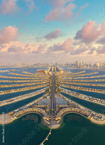 The Palm Jumeirah Islands during sunset in Dubai