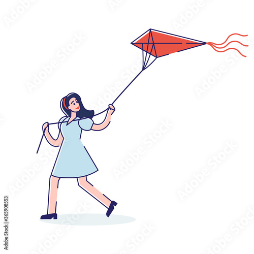 Girl playing kite. Cartoon child flying kite in air over white background