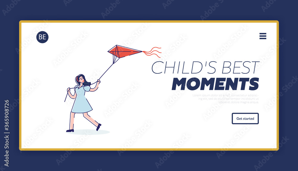 Landing page with girl playing kite. Cute cartoon child flying kite over white background
