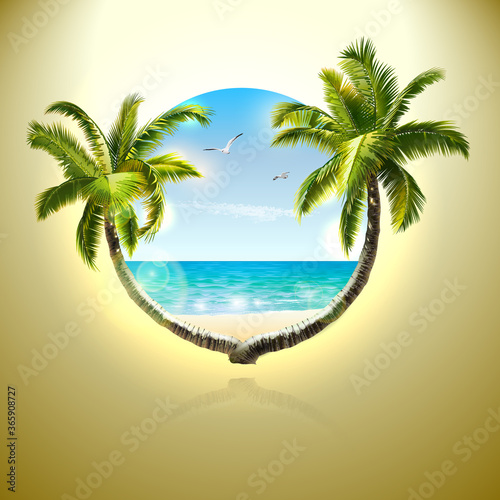 Tropical beach poster.Summer holiday postcard palm trees on paradise beach.Sea panorama. Beautiful summer beach background.Gulls  sea  palm trees  beach.