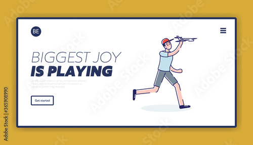 Boy playing with plane model. Landing page for children games and activities website