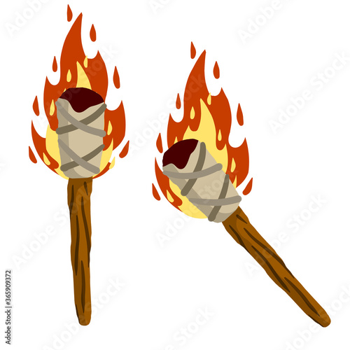Torch on stick. Burning club. Cartoon flat illustration. old item for lighting. Fire and branch. Primitive weapon