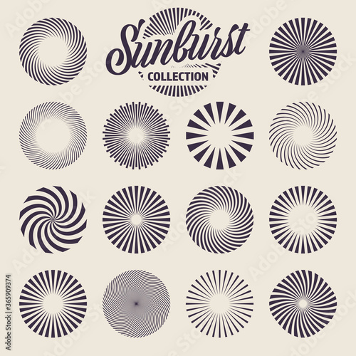 Vintage sunburst collection. Bursting sun rays. Fireworks. Radial sunset beams. Vector illustration.