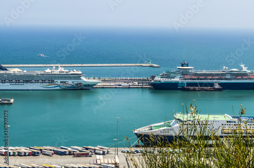 Panoramic view of harbor and marina with cruise ships docked at port in Spain