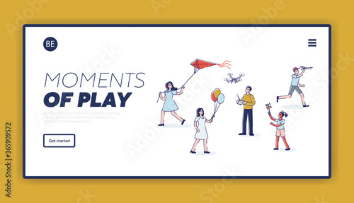 Landing page with playful kids. Cheerful children enjoying different wind toys