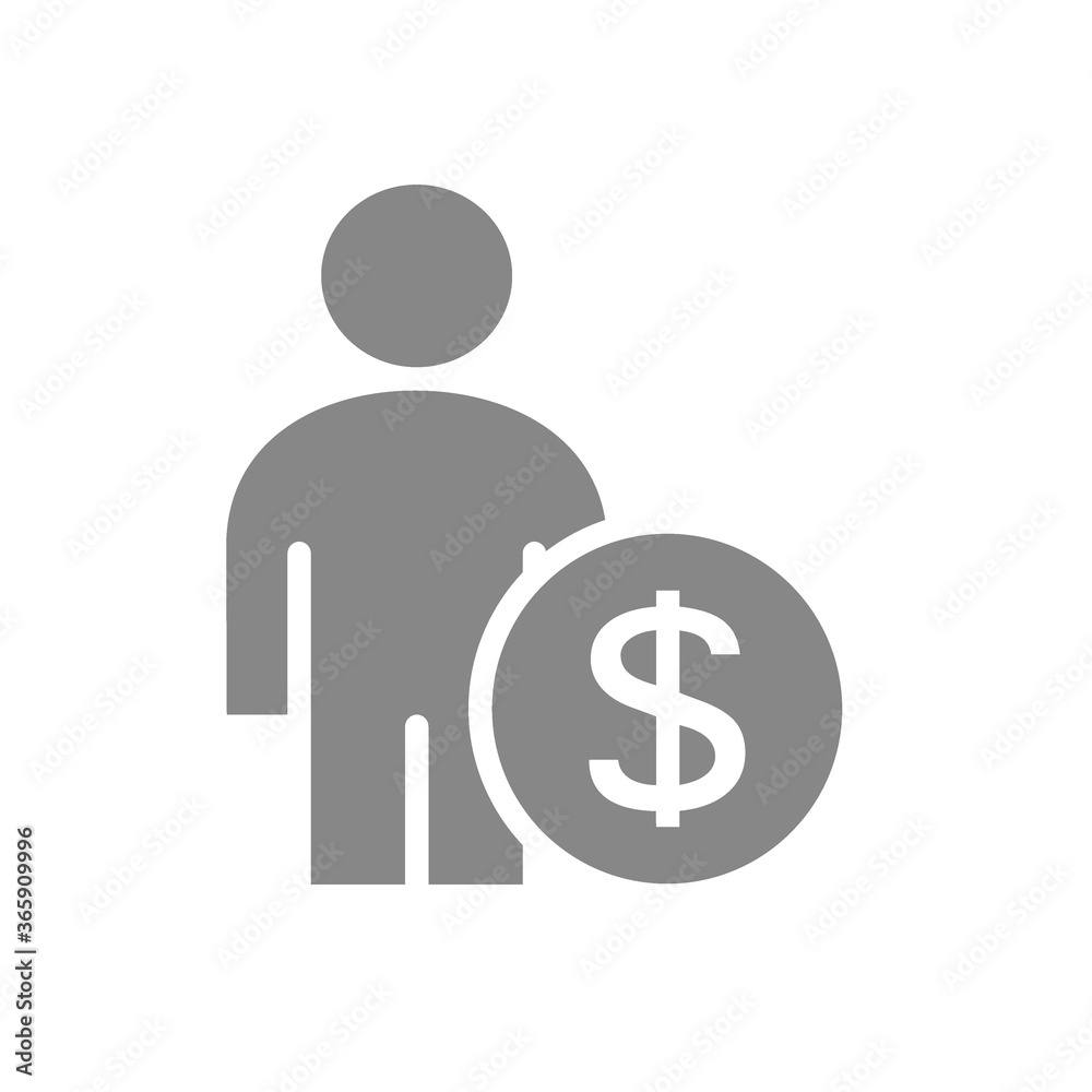 User profile with coin gray icon. Earning, investing money symbol User profile with coin gray icon. Earning, investing money symbol