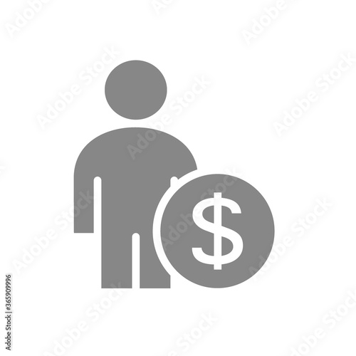 User profile with coin gray icon. Earning, investing money symbol