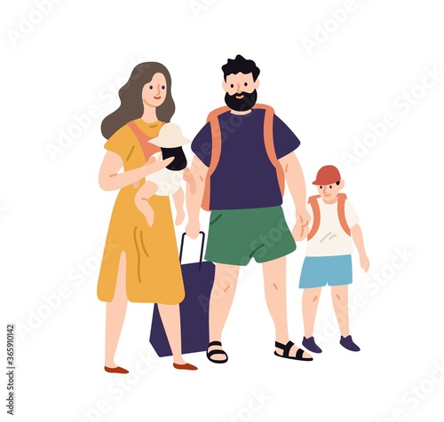 Happy travel family with baggage and hand luggage standing together vector flat illustration. Smiling parents and kids going to summer vacation isolated on white. People ready to touristic adventure