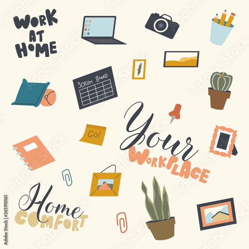 Set of Various Things for Workplace and Home Comfort Laptop, Photo Camera and Picture, Pencils and Cactus, Potted Plant