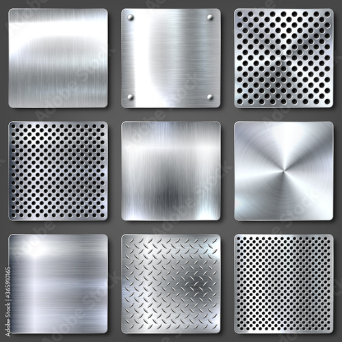 Realistic brushed metal textures set. Polished stainless steel background. Vector illustration.