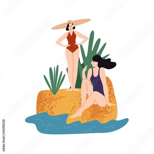 Two female relaxing on sand near sea water vector flat illustration. Women in swimsuit sunbathing on seashore enjoy vacation isolated on white. Happy girls resting at seaside resort together