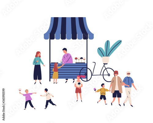 Male vendor work at candy booth vector flat illustration. Children, parents and grandparents eating and buying delicious at outdoor kiosk isolated. Happy people walking near stall with dessert