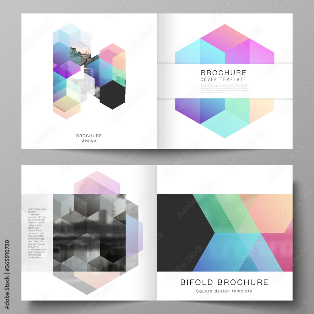 Vector layout of two covers templates with abstract shapes and colors for square design bifold brochure, flyer, magazine, cover design, book design, brochure cover.