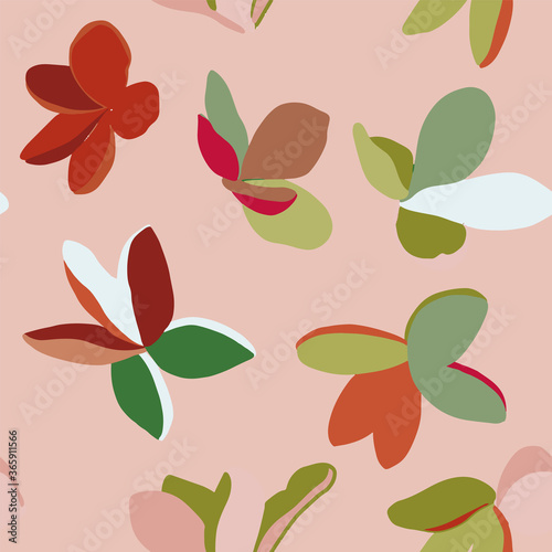 Vector seamless pattern with plumerias in a pink background.