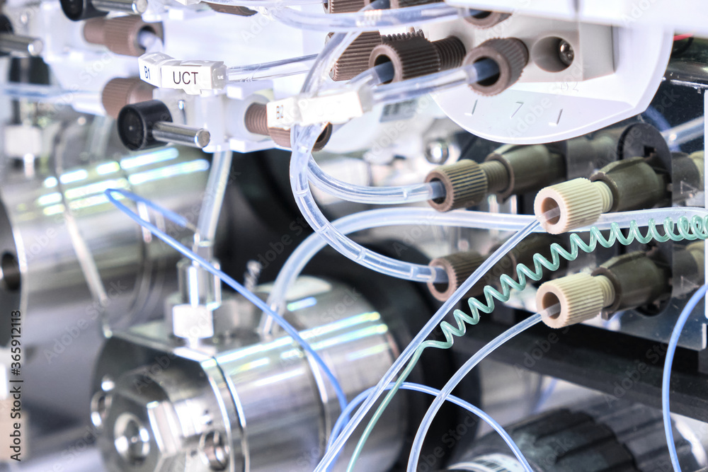 Binary pump in HPLC system. High performance liquid chromatography at