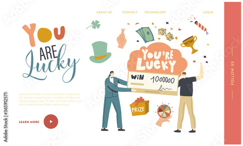 Lucky Man Rejoice for Get Paycheck Lottery Win, Luck Payment Cheque Landing Page Template. Voucher for Getting Money