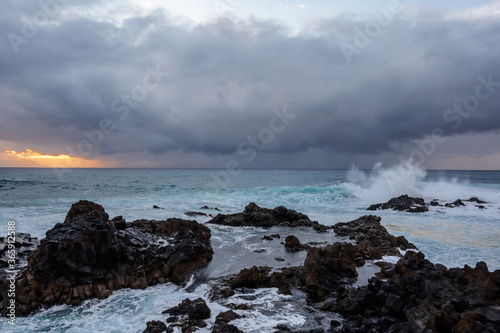 A powerful storm in the Atlantic Ocean in a bay on the coast of Tenerife.