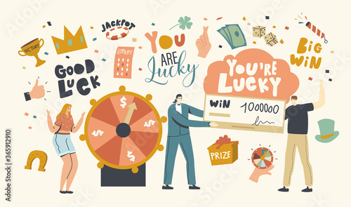 Luck and Fortune Concept. Characters Win in Lottery Draw Raffle. Happy Young Man Get Money Cheque, Woman Winning Jackpot