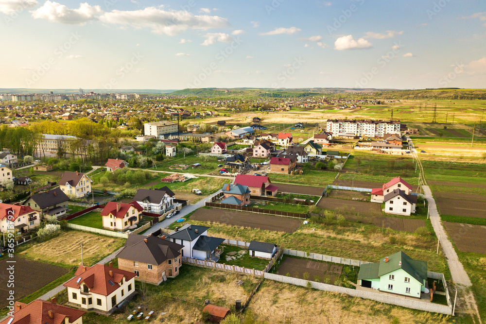 Aerial view of rural area in town with residential houses