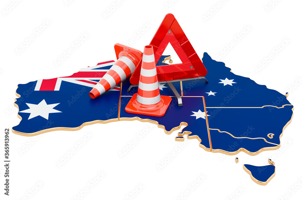Australian map with traffic cones and warning triangle, 3D rendering ...
