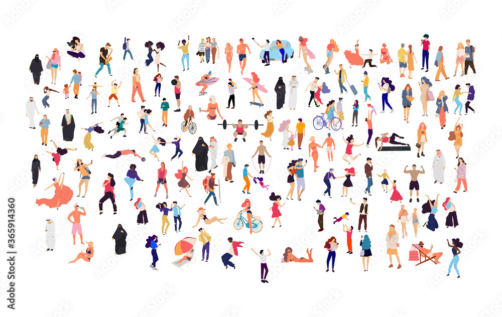 Crowd of flat illustrated people. Dancing, surfing, traveling, walking, working, playing people set. Vector big set