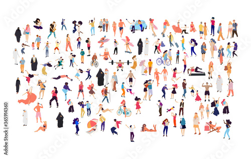 Crowd of flat illustrated people. Dancing, surfing, traveling, walking, working, playing people set. Vector big set © Firangiz
