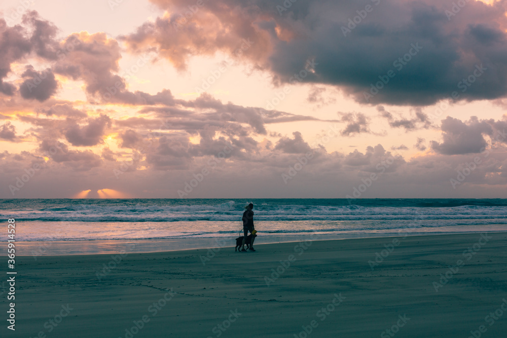 woman and dog on the beach at sunset