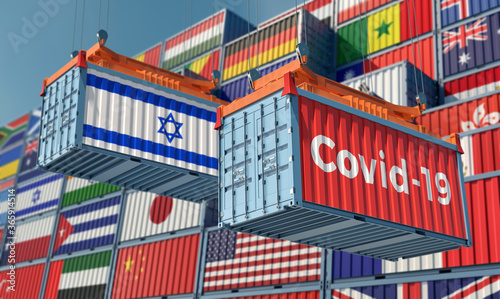 Container with Coronavirus Covid-19 text on the side and container with Israel Flag. Concept of international trade spreading the Corona virus. 3D Rendering © Marius Faust