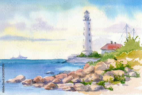 Beautiful watercolor landscape. View of the sea and Lighthouse at Cape Chersonesos. Sevastopol, Crimea.