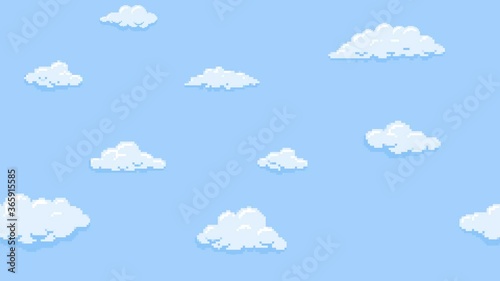 Cartoon clouds floating on the blue sky background, pixelated. Seamless looping animation.