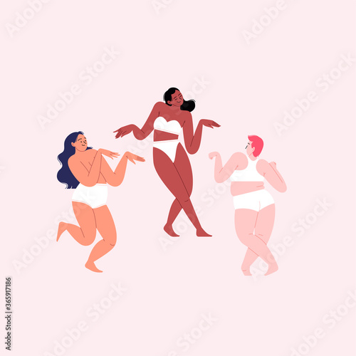 Three women of different sizes and ethnicities standing in a row dancing and posing wearing white underwear. Body positivity concept