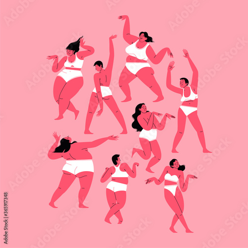 A group of women of different sizes and shapes dancing and posing wearing white underwear. Body positivity concept