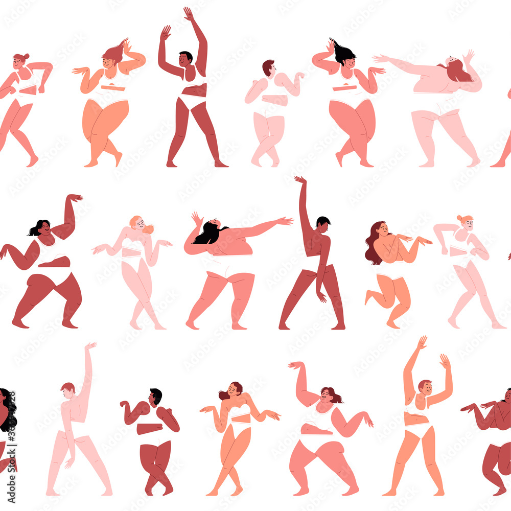 Seamless pattern of many women of different sizes and ethnicities standing in rows dancing and posing wearing white underwear. Body positivity concept