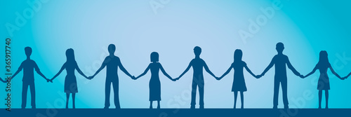 Vector illustration of friendship. Chain of people holding hands.