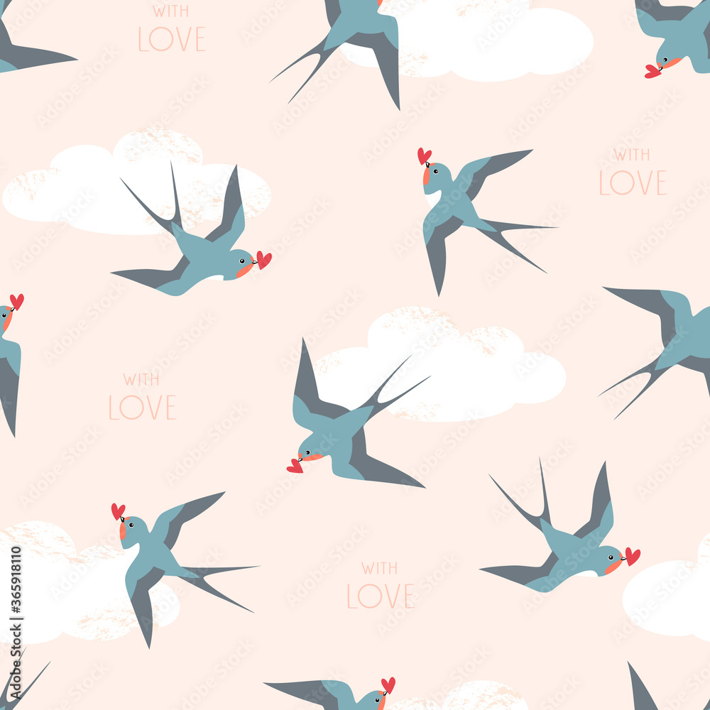 Obraz premium Seamless pattern of swallow birds with hearts flying in the cloudy sky and background text.