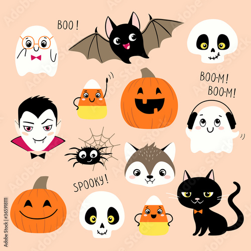 Halloween collection of cute cartoon characters such us vampire, skull, pumpkin, ghost, bat, werewolf, candy corn, spider and black cat.