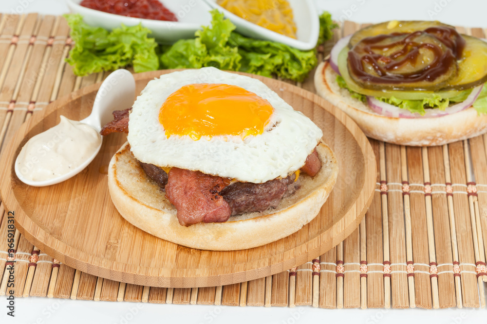 Tasty American Burger With Meat Egg And Bacon. Tasty American Burger With Meat Egg And Bacon.