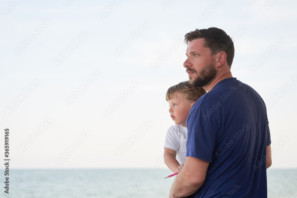 Father son spending time together sea vacation Young dad child little boy walking beach Father son spending time together sea vacation Young dad child little boy walking beach