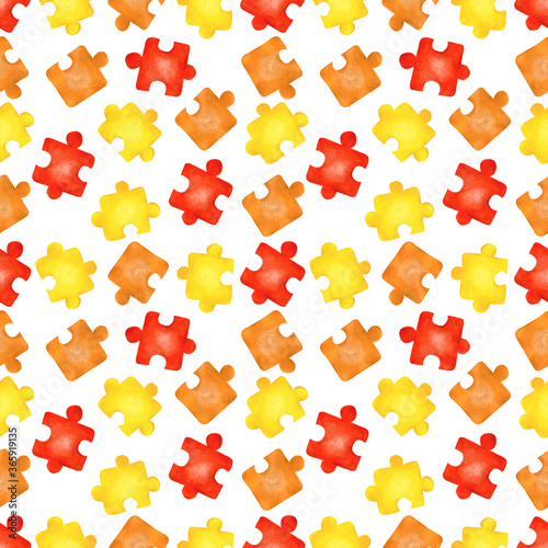 Seamless pattern red orange and yellow jigsaw puzzles on white background. Concept of autumn, children toys, games, autism awareness day. Watercolor hand drawn illustration. Back to school, halloween
