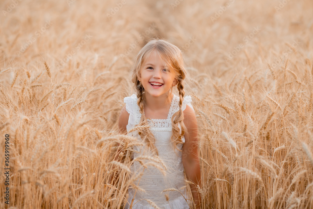 Little blonde girl walks in a summer wheat field Little blonde girl walks in a summer wheat field
